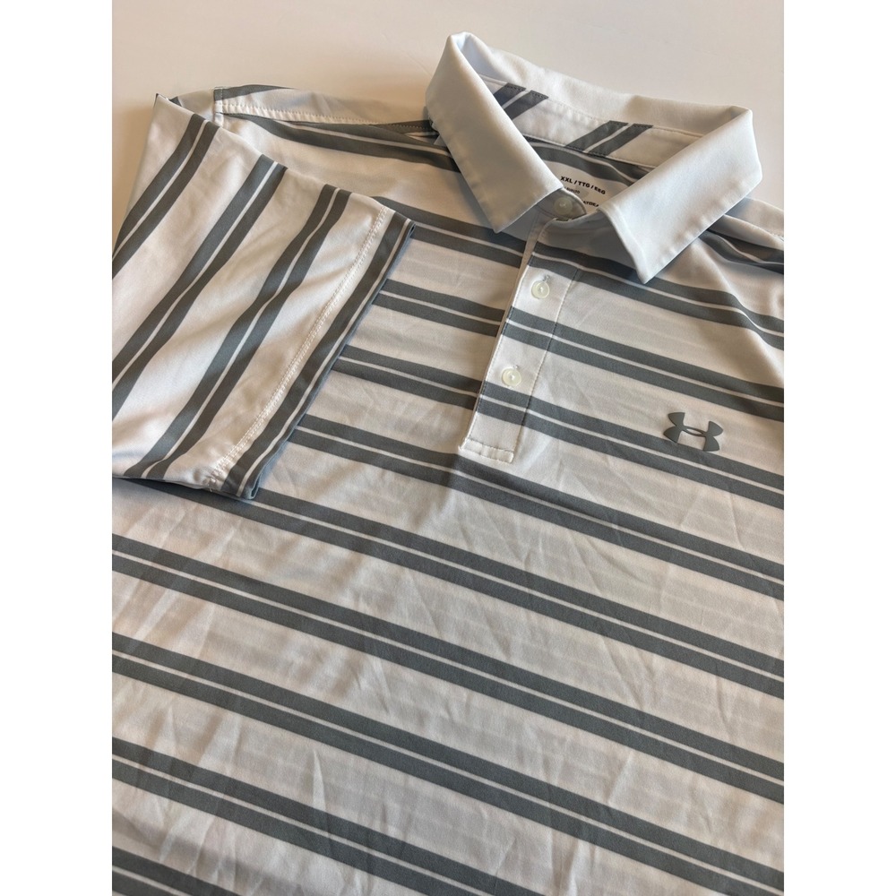 Under Armour Polo Mens‎ XXL White Grey Striped HeatGear Loose Fit Short Sleeve